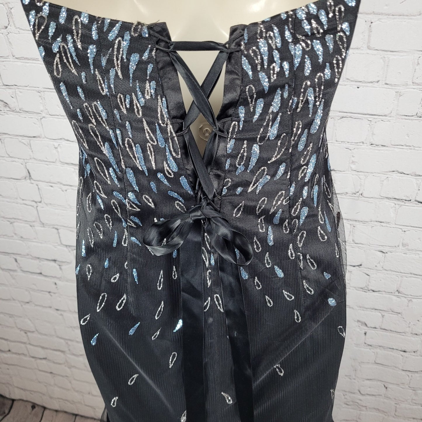 VTG Jessica McClintock Black Strapless Glitter Tie Back Mermaid Dress Size 9