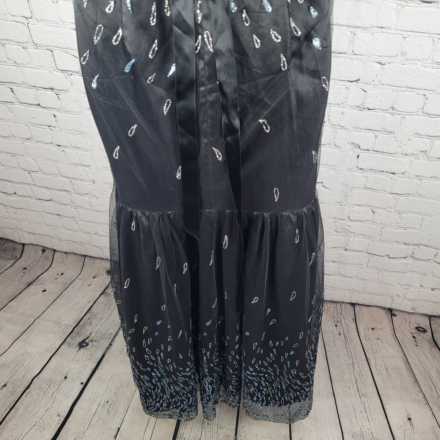 VTG Jessica McClintock Black Strapless Glitter Tie Back Mermaid Dress Size 9
