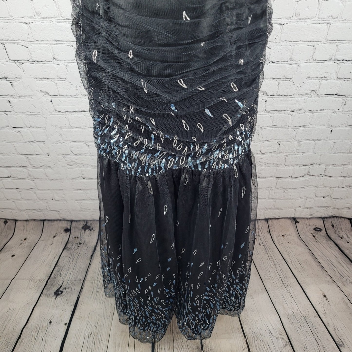 VTG Jessica McClintock Black Strapless Glitter Tie Back Mermaid Dress Size 9