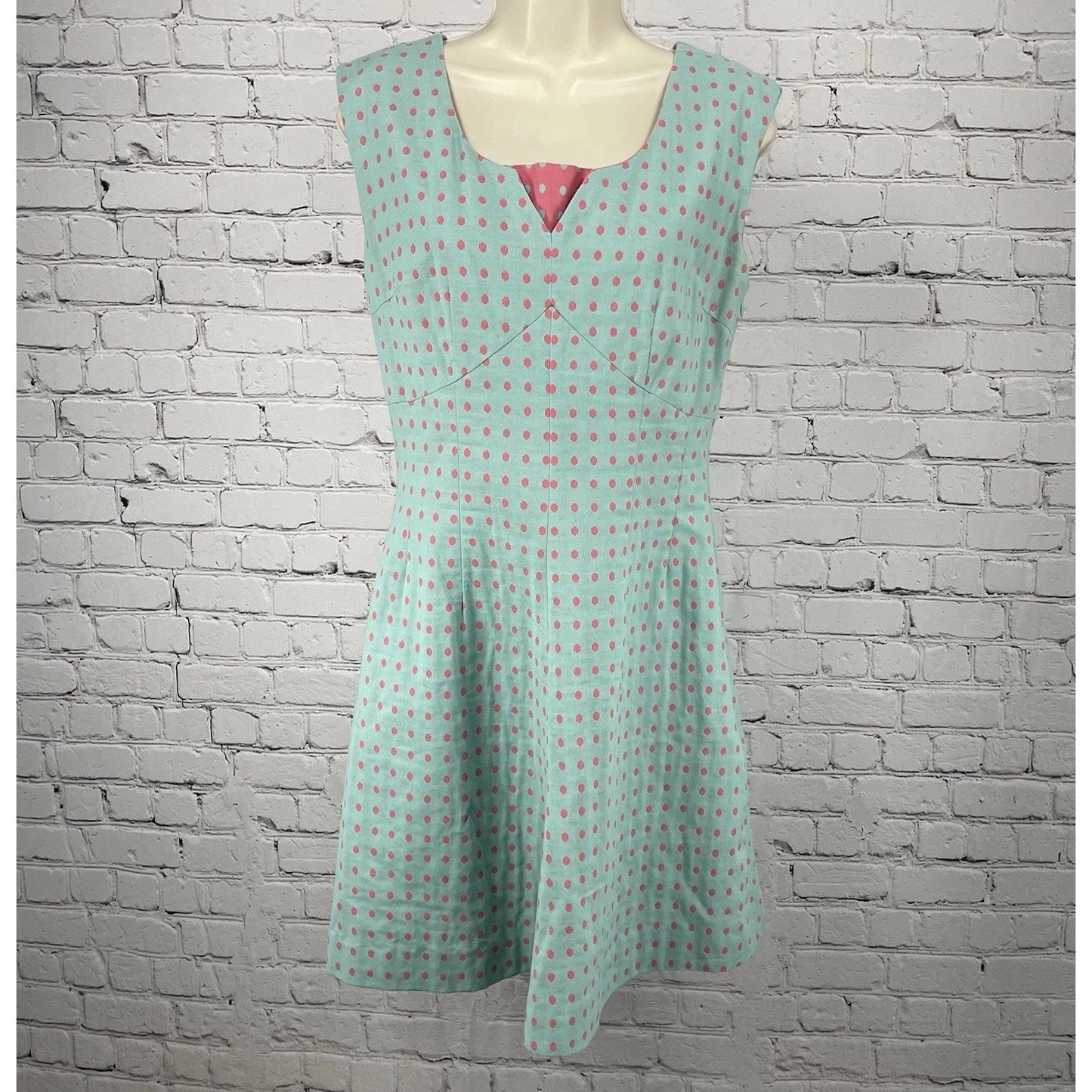J Peterman Blue Pink Polka Dot 100% Cotton A Line Sleeveless Zipped Dress Size 6