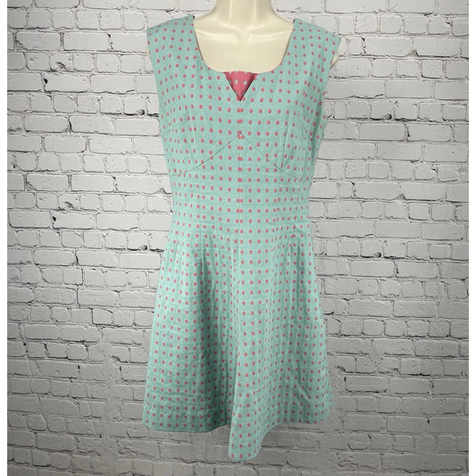 J Peterman Blue Pink Polka Dot 100% Cotton A Line Sleeveless Zipped Dress Size 6