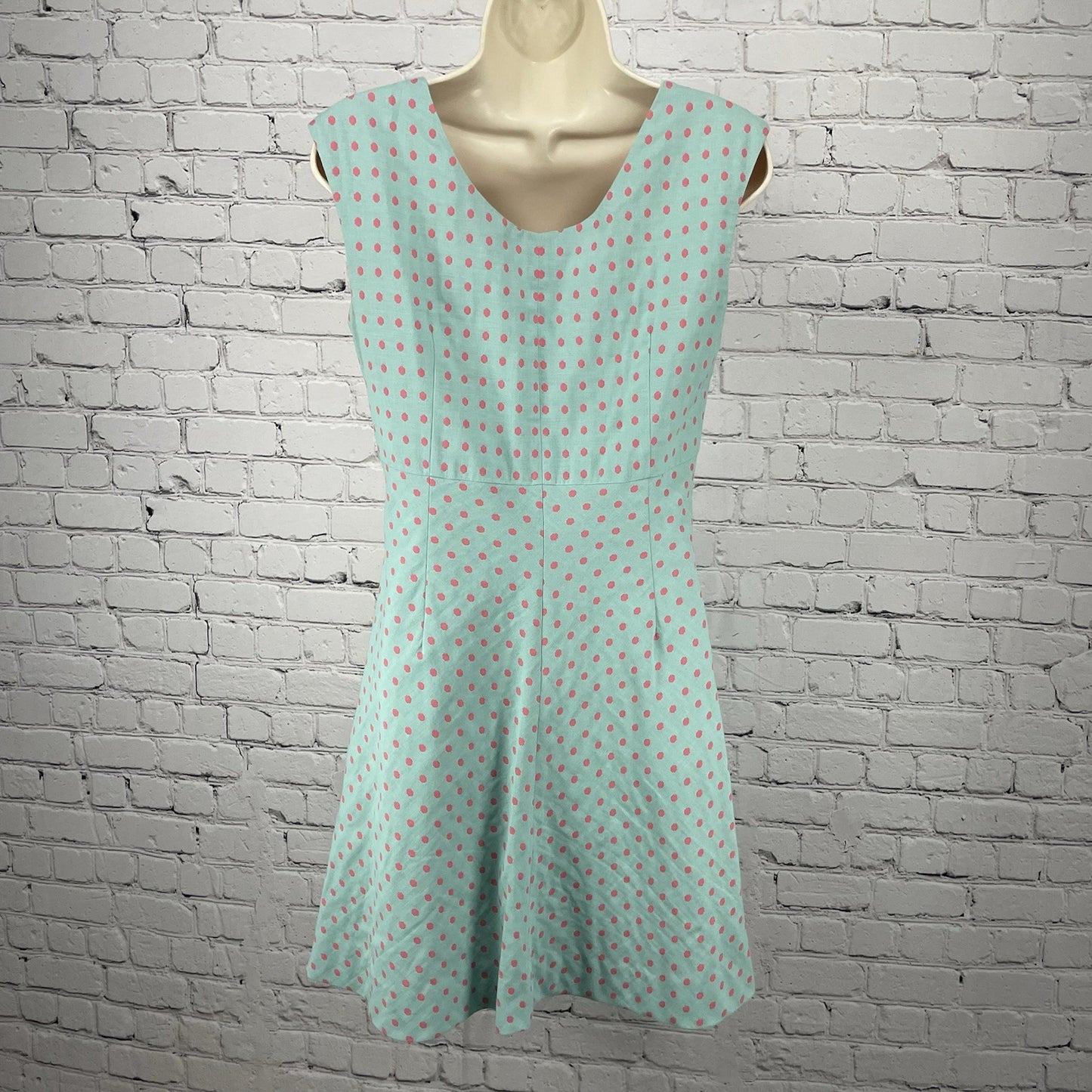 J Peterman Blue Pink Polka Dot 100% Cotton A Line Sleeveless Zipped Dress Size 6