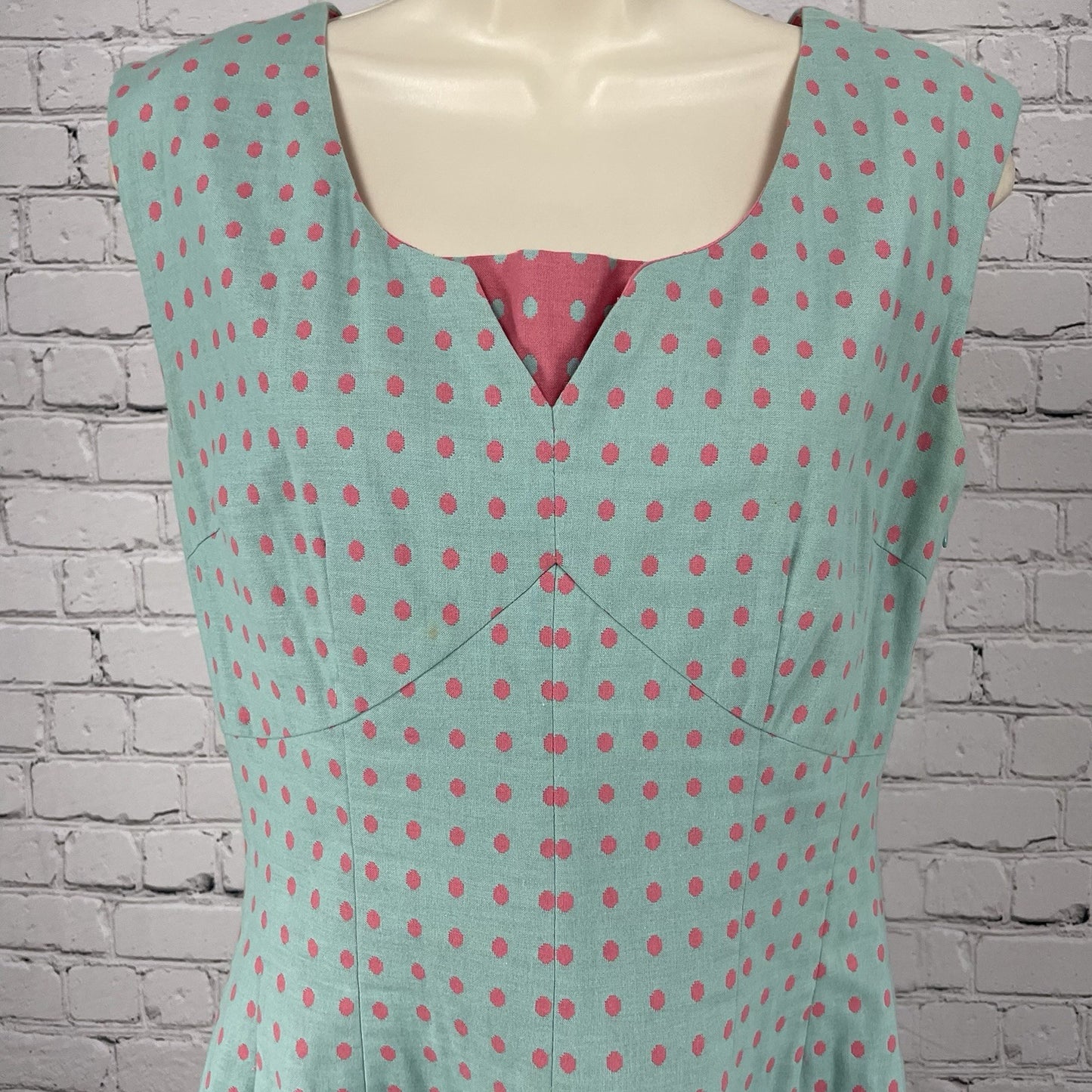 J Peterman Blue Pink Polka Dot 100% Cotton A Line Sleeveless Zipped Dress Size 6