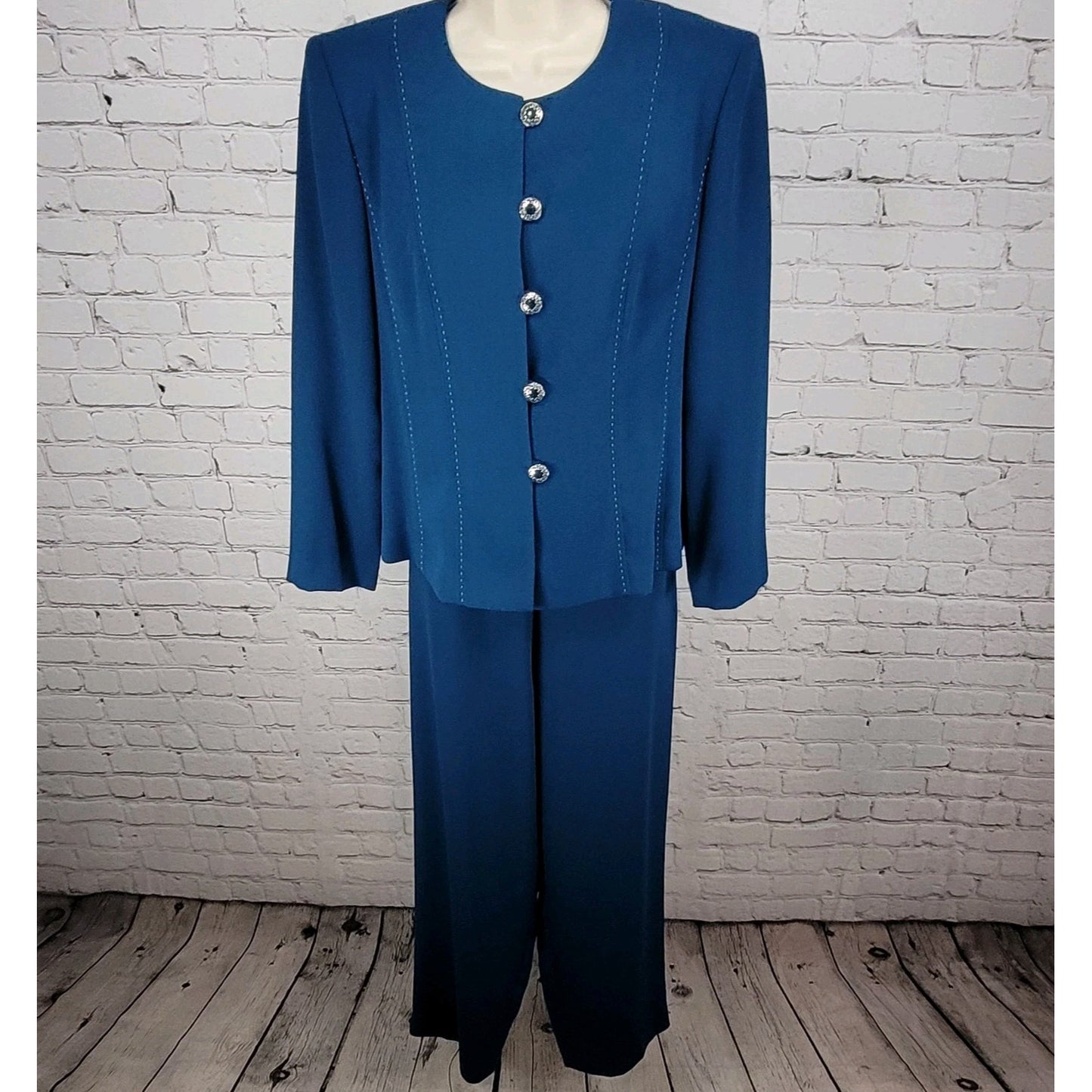 VTG Leslie Fay Blue 2 Piece Outfit Set Suit Petite Jacket 10P Pant 12P (28x27.5)