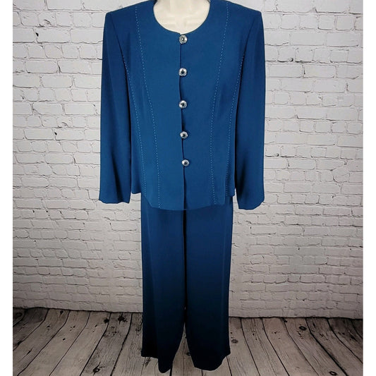 VTG Leslie Fay Blue 2 Piece Outfit Set Suit Petite Jacket 10P Pant 12P (28x27.5)