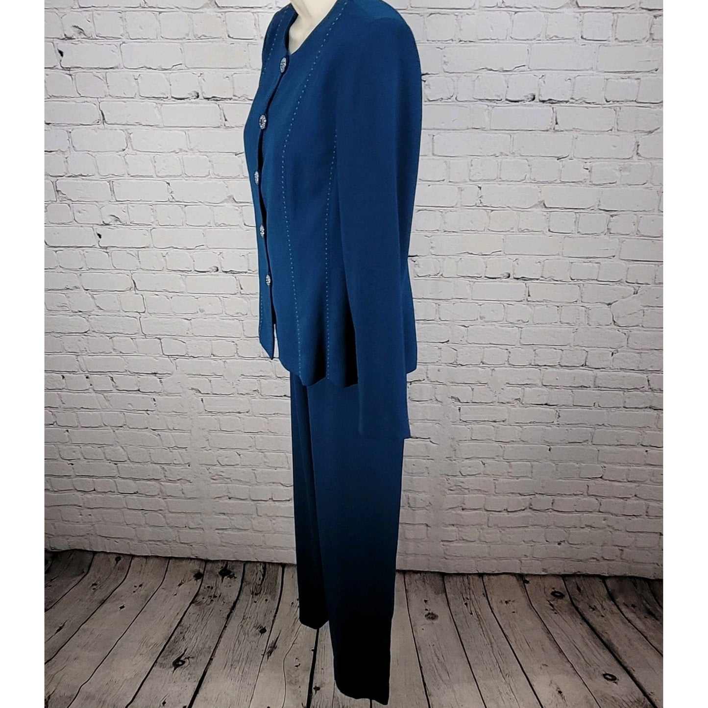 VTG Leslie Fay Blue 2 Piece Outfit Set Suit Petite Jacket 10P Pant 12P (28x27.5)