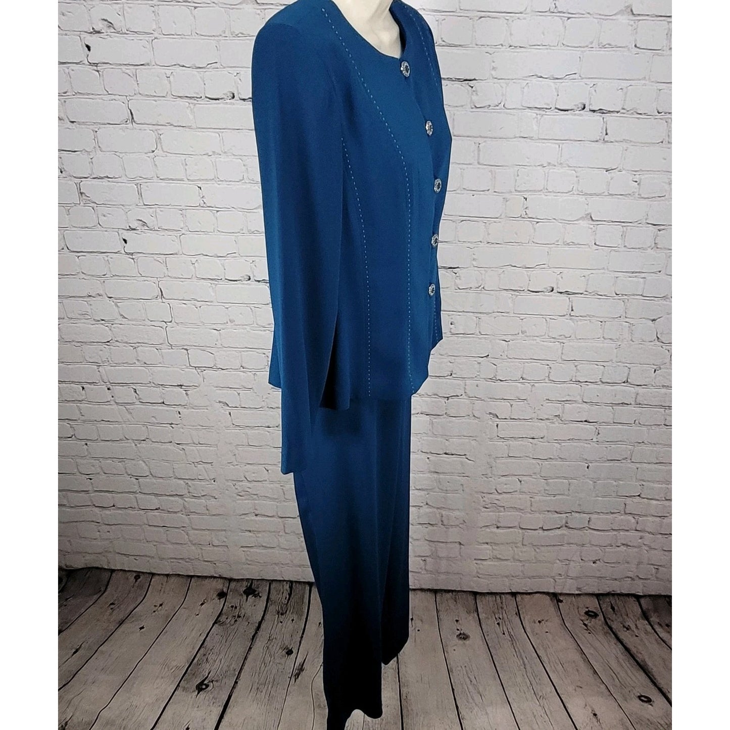 VTG Leslie Fay Blue 2 Piece Outfit Set Suit Petite Jacket 10P Pant 12P (28x27.5)
