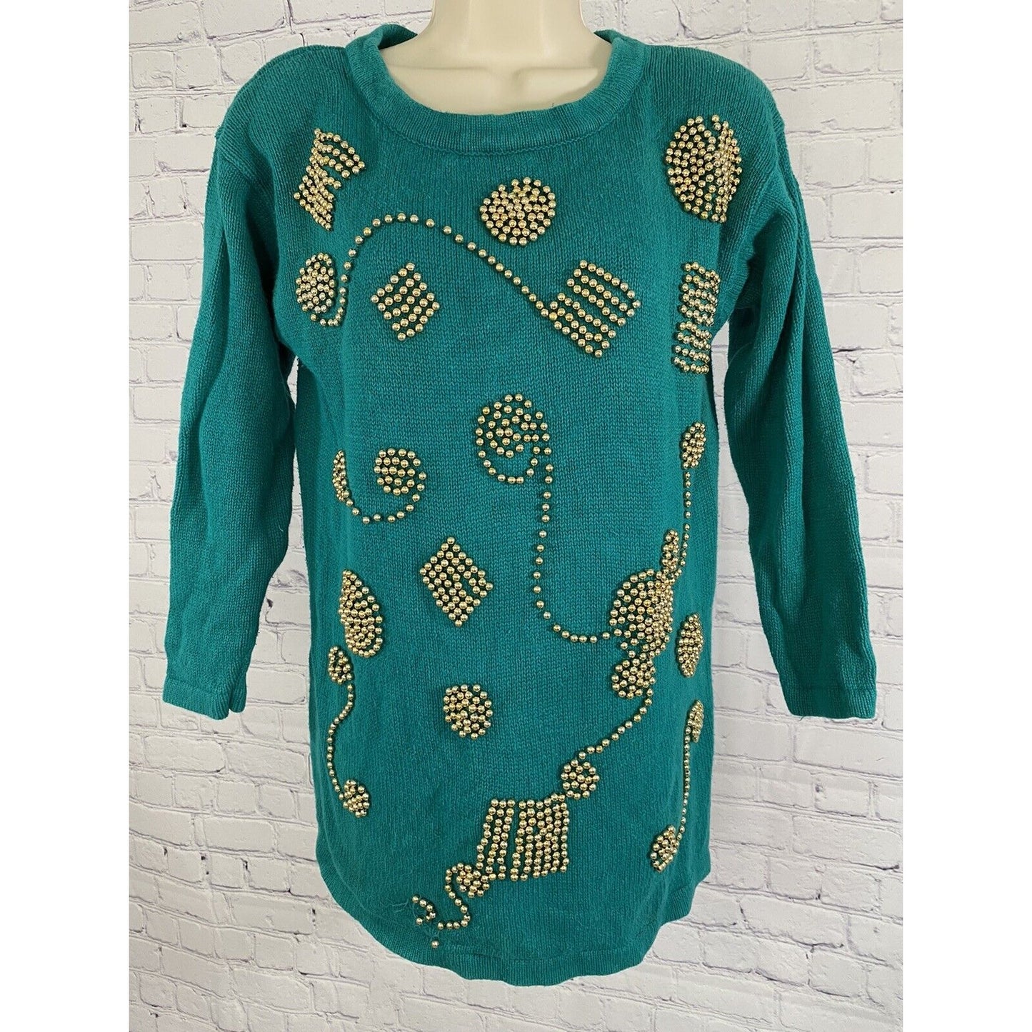 Colleen’s Collectables Teal Knot Sweater Gold Beads 3/4 Sleeve Size S Small