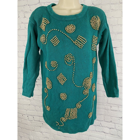 Colleen’s Collectables Teal Knot Sweater Gold Beads 3/4 Sleeve Size S Small
