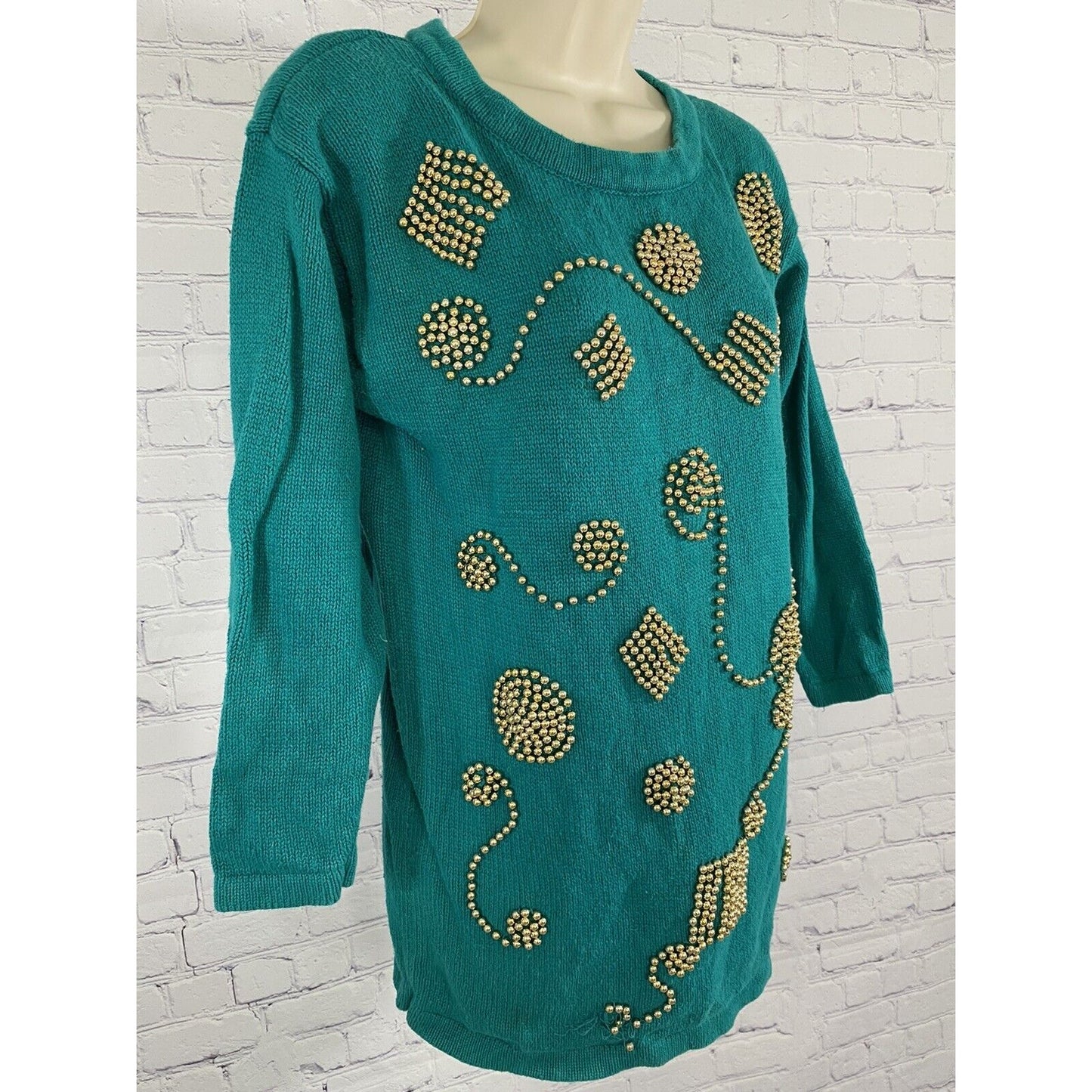 Colleen’s Collectables Teal Knot Sweater Gold Beads 3/4 Sleeve Size S Small