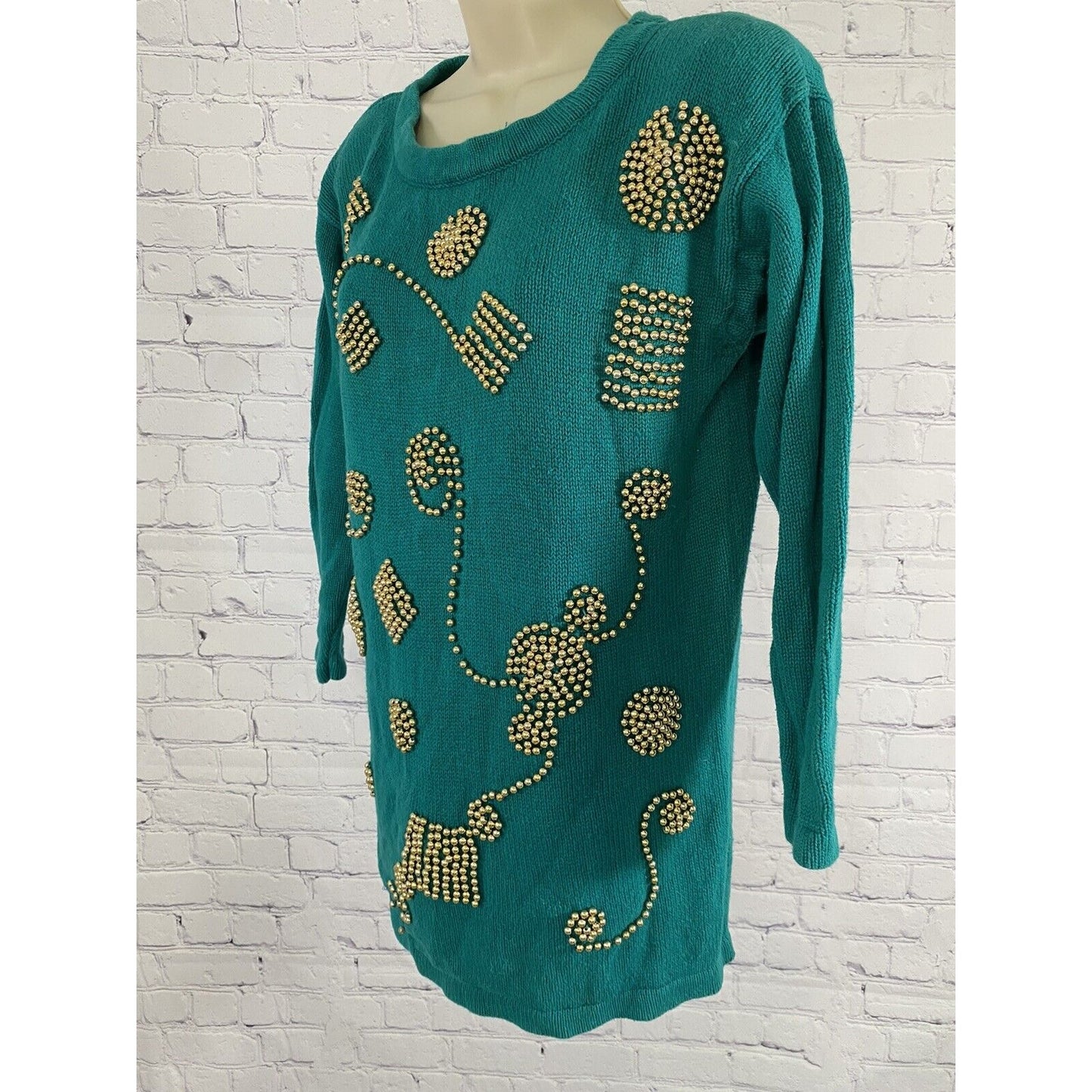Colleen’s Collectables Teal Knot Sweater Gold Beads 3/4 Sleeve Size S Small
