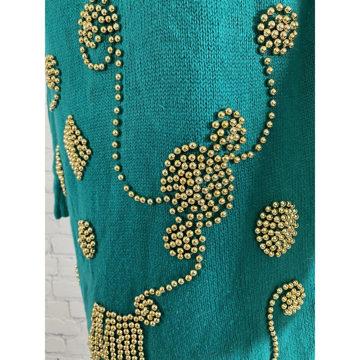 Colleen’s Collectables Teal Knot Sweater Gold Beads 3/4 Sleeve Size S Small