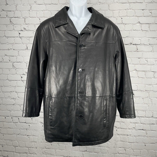 Excelled Black Soft Leather 4 Button Collared Long Lined Jacket Medium M *rip