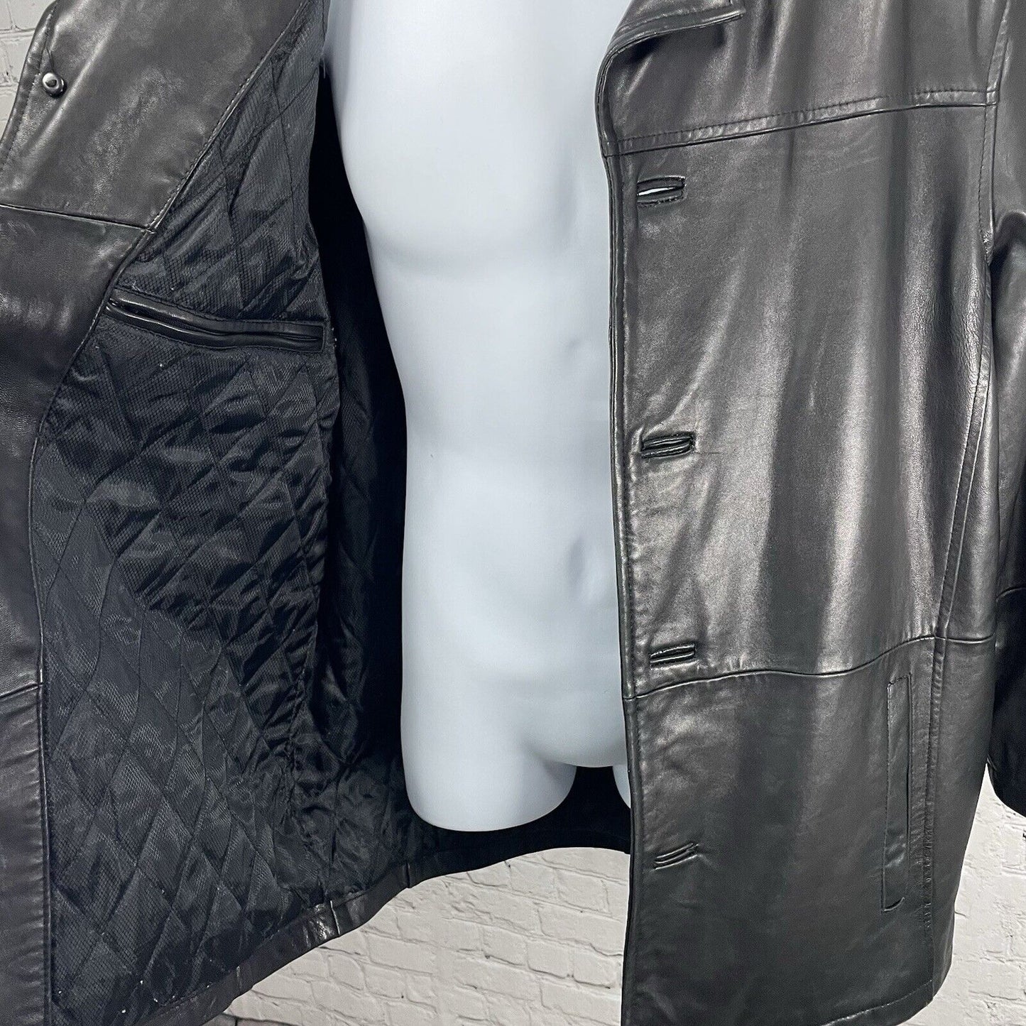 Excelled Black Soft Leather 4 Button Collared Long Lined Jacket Medium M *rip