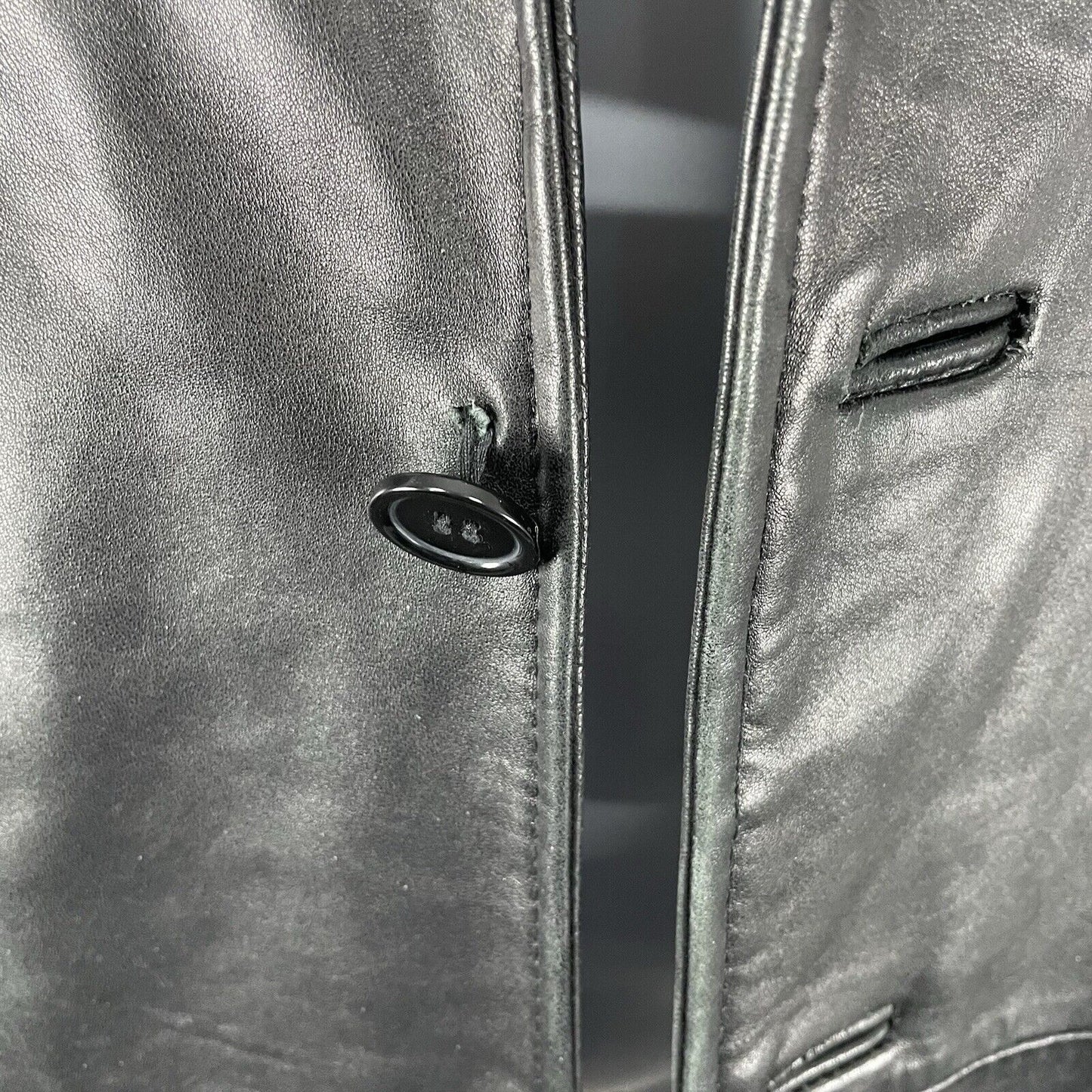 Excelled Black Soft Leather 4 Button Collared Long Lined Jacket Medium M *rip