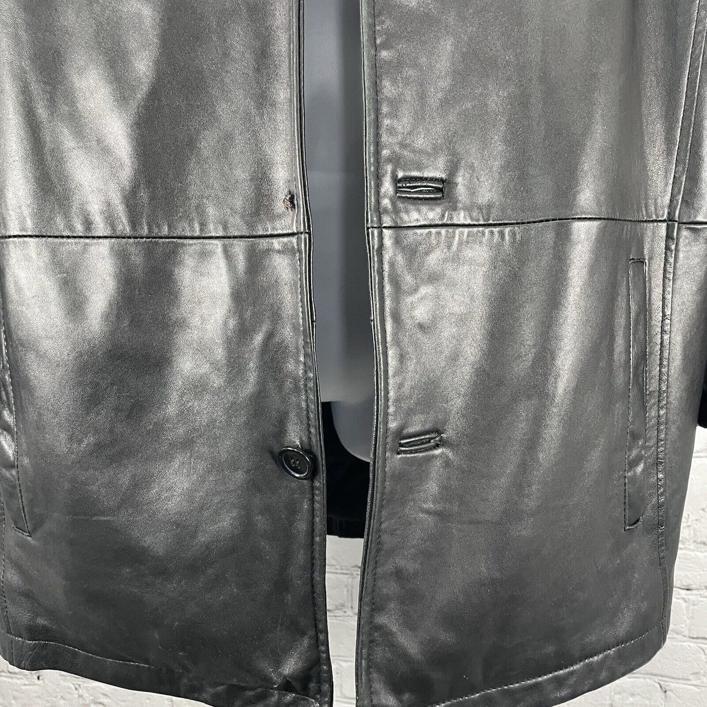 Excelled Black Soft Leather 4 Button Collared Long Lined Jacket Medium M *rip