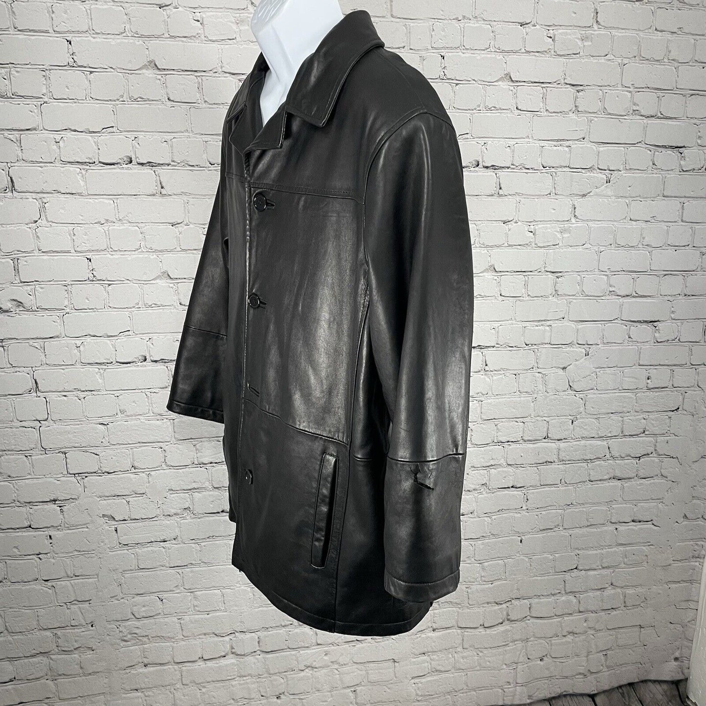 Excelled Black Soft Leather 4 Button Collared Long Lined Jacket Medium M *rip