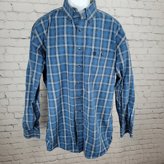 Wrangler George Straight Blue Plaid Cowboy Button Down Long Sleeve Shirt Size LT