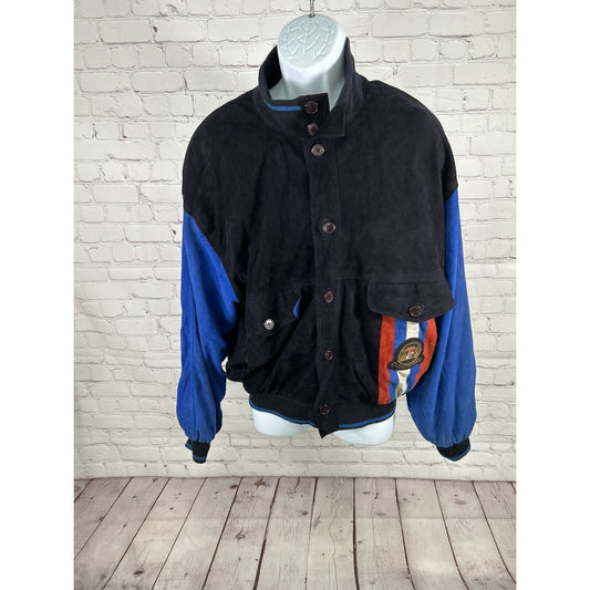 VTG FC Bayern Munich Blue Black Button Up Leather Bomber Jacket Football Mens XL