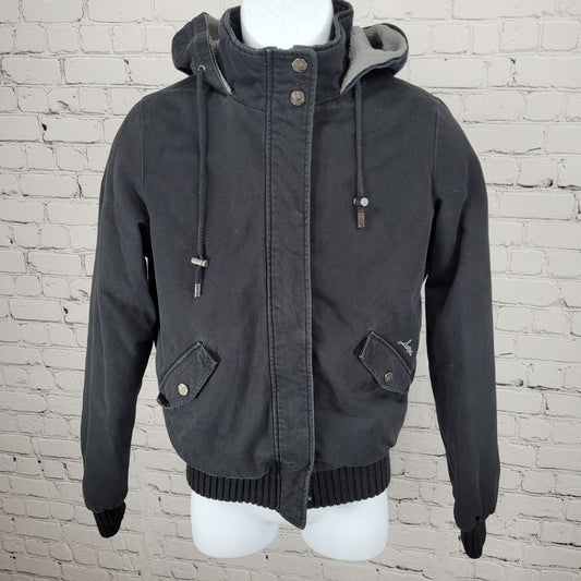 Burton Black Cotton Twill Hooded Sherpa Fleece Lined Full Zip & Snap Jacket S