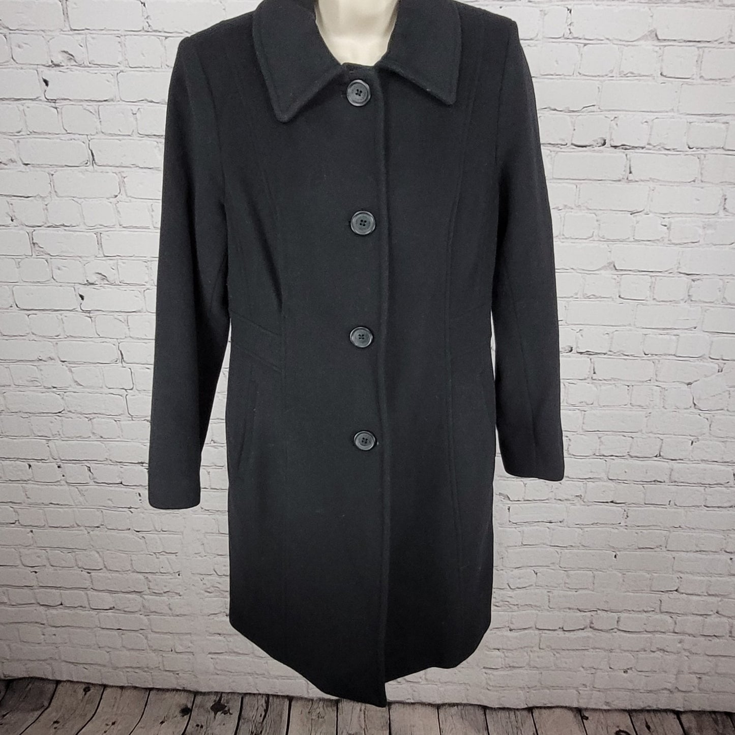 Anne Klein Black Wool Cashmere Blend Buttoned Lined Pockets Over Coat Size 6