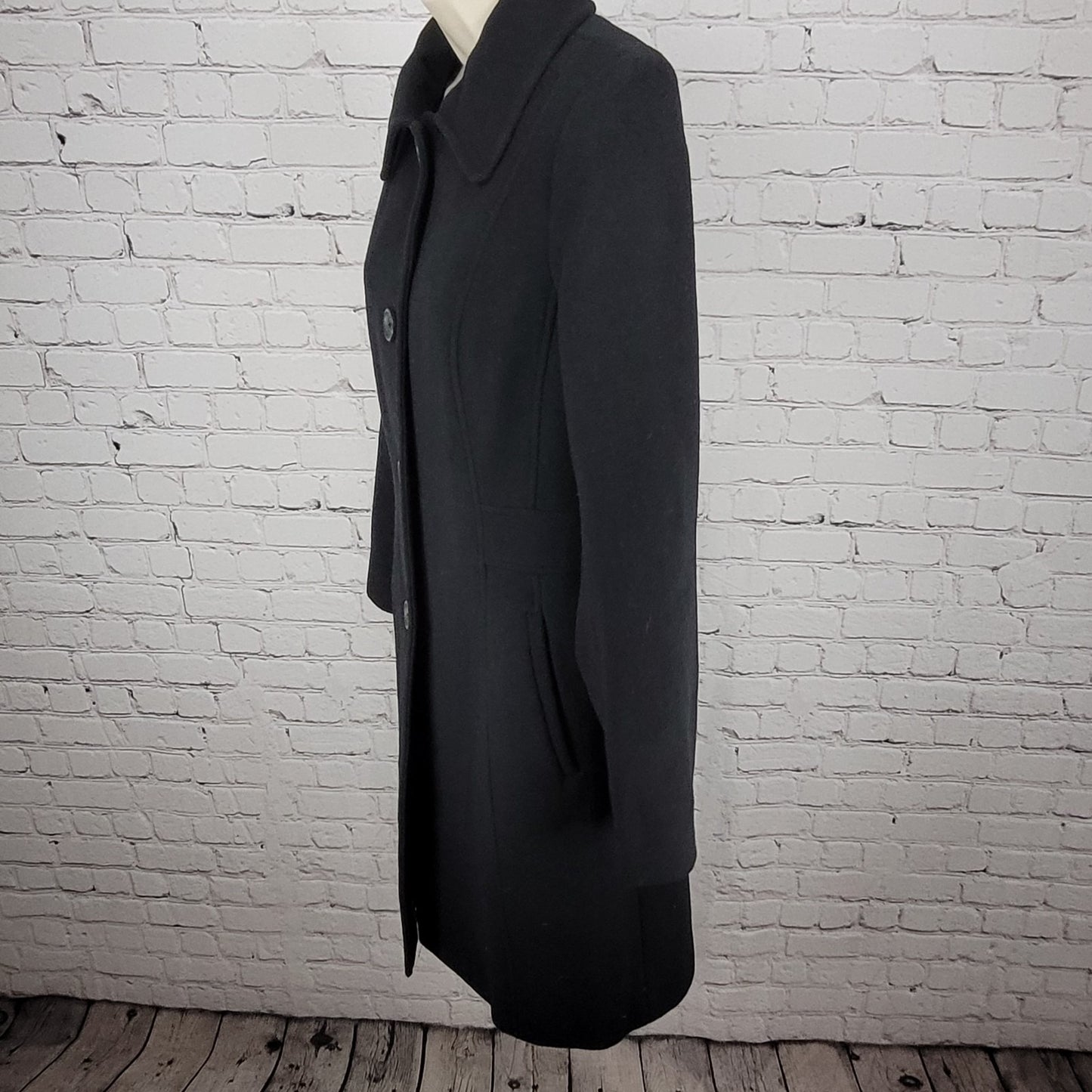 Anne Klein Black Wool Cashmere Blend Buttoned Lined Pockets Over Coat Size 6