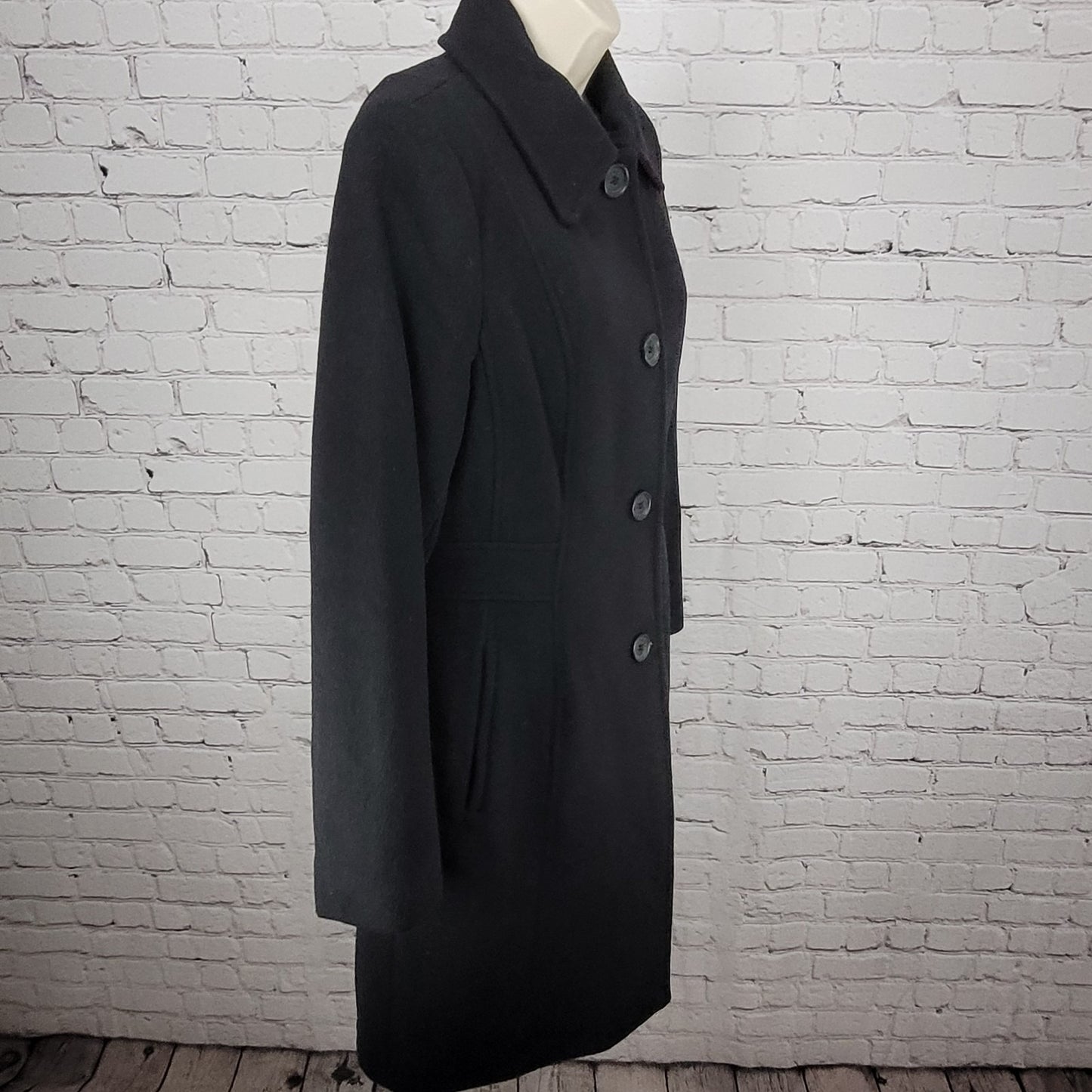 Anne Klein Black Wool Cashmere Blend Buttoned Lined Pockets Over Coat Size 6