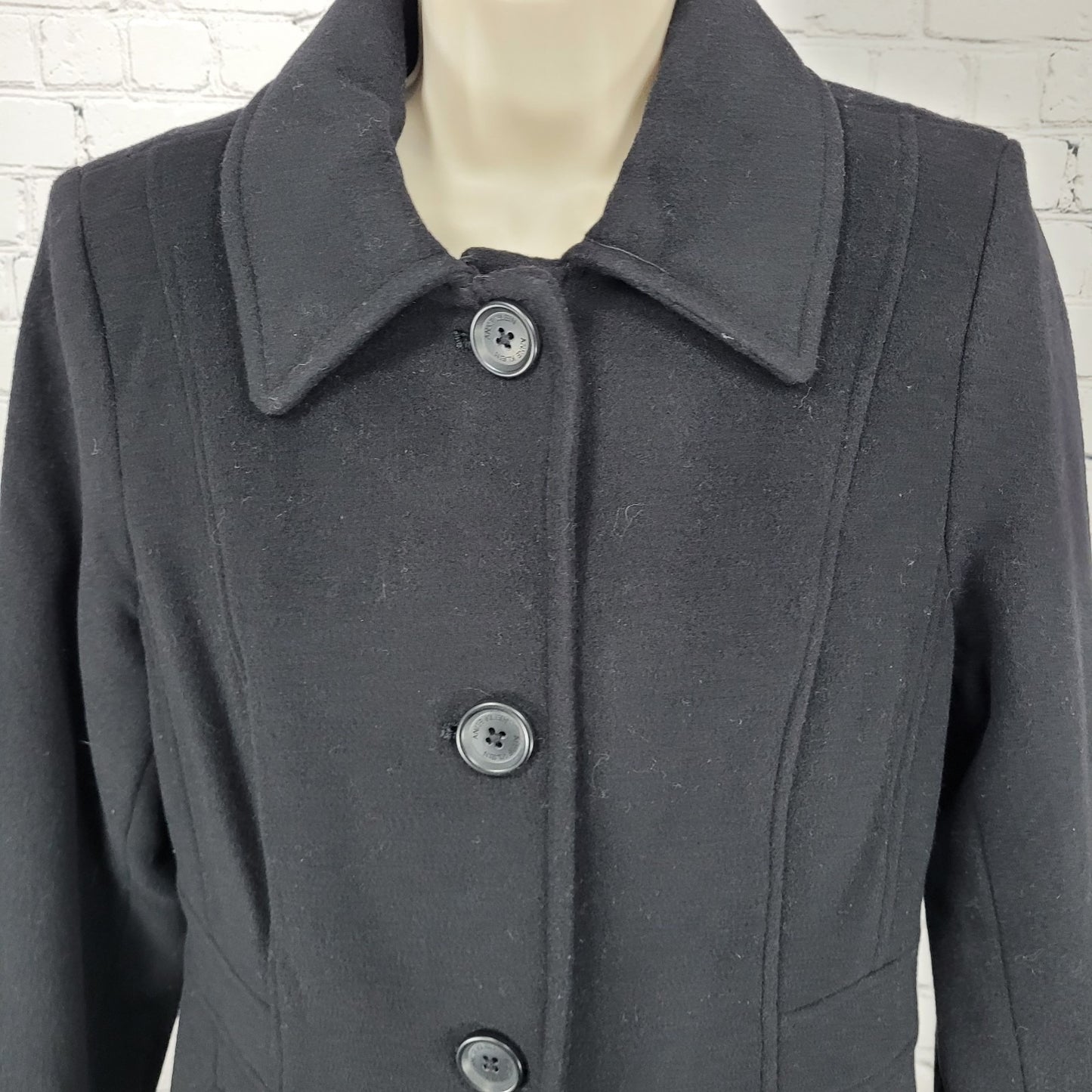 Anne Klein Black Wool Cashmere Blend Buttoned Lined Pockets Over Coat Size 6