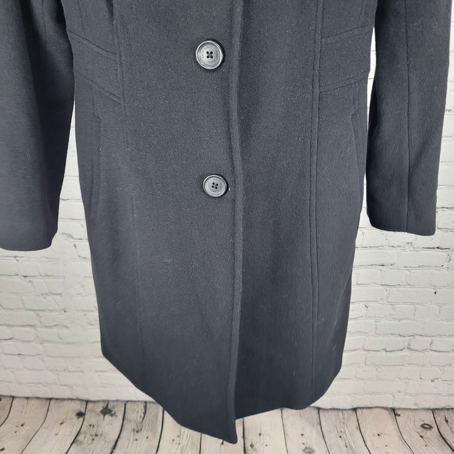 Anne Klein Black Wool Cashmere Blend Buttoned Lined Pockets Over Coat Size 6