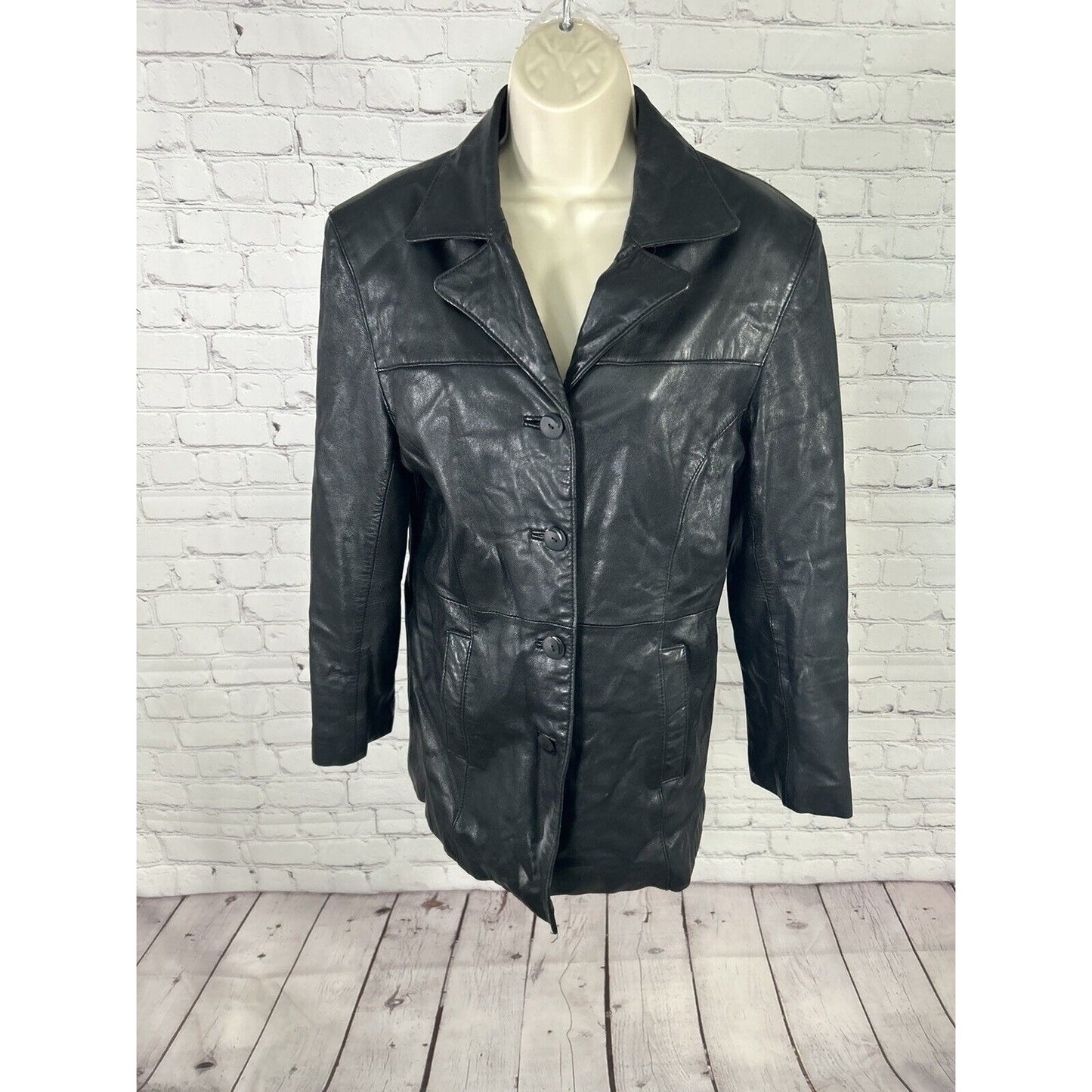 Accents By Comint Solid Black Button Up Genuine Leather Biker Jacket Women’s M
