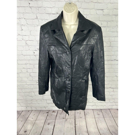 Accents By Comint Solid Black Button Up Genuine Leather Biker Jacket Women’s M