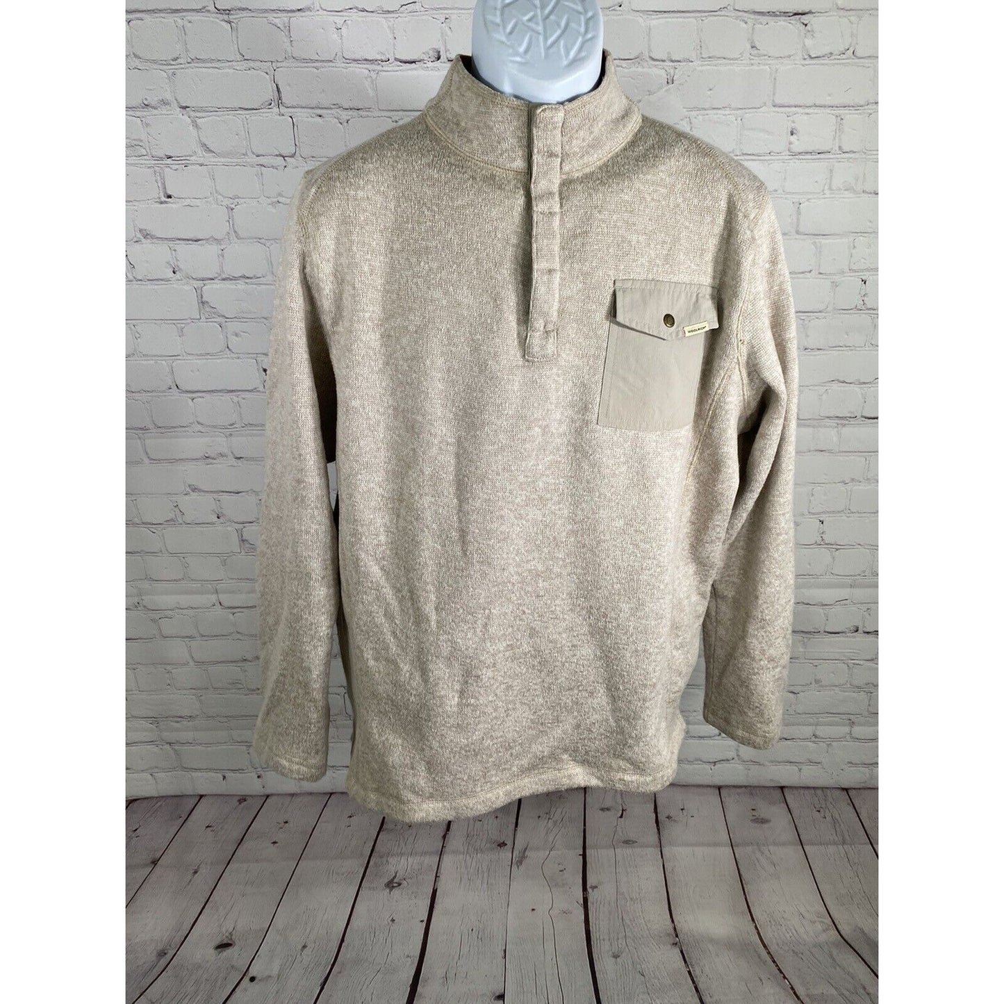 Woolrich Beige Snap Up Chest Pull Over Cable Knit Sweater Sweatshirt Men’s L