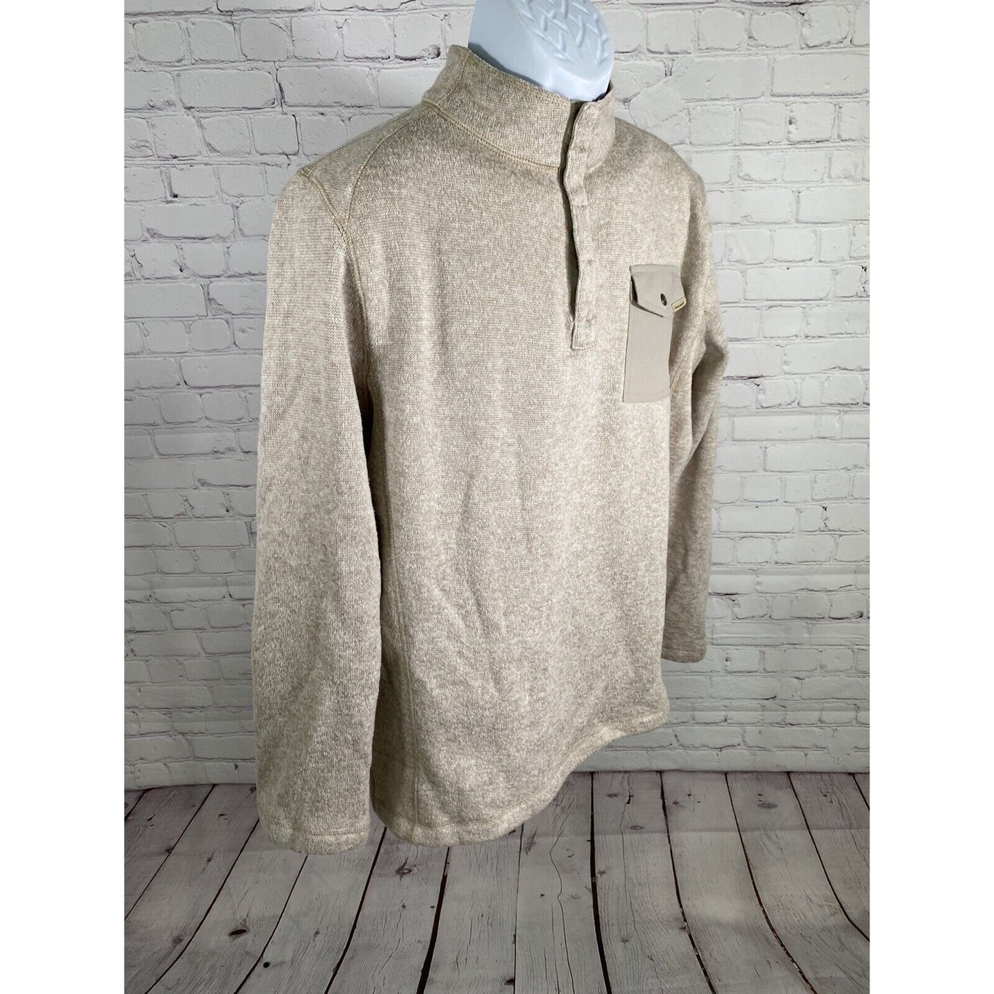 Woolrich Beige Snap Up Chest Pull Over Cable Knit Sweater Sweatshirt Men’s L