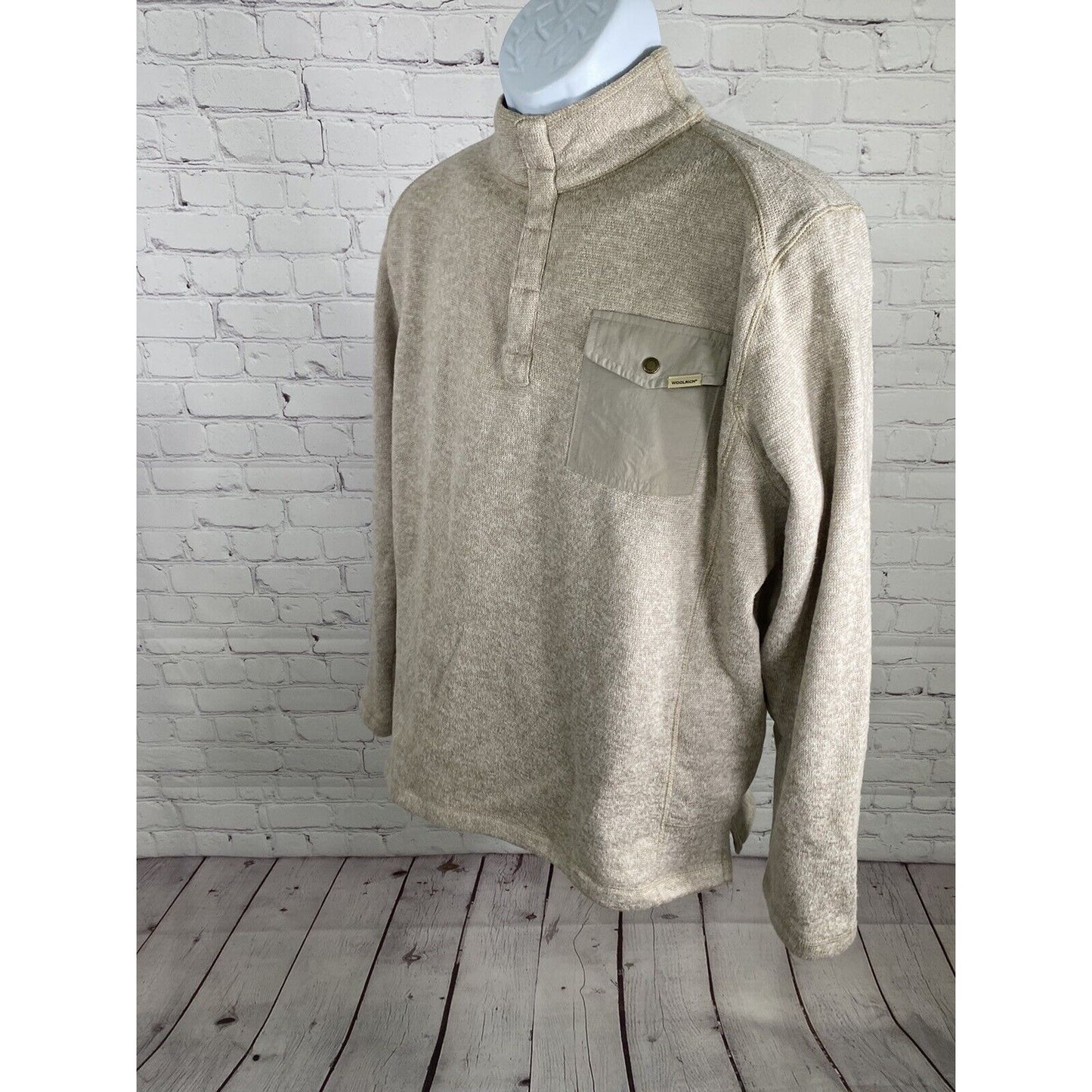 Woolrich Beige Snap Up Chest Pull Over Cable Knit Sweater Sweatshirt Men’s L
