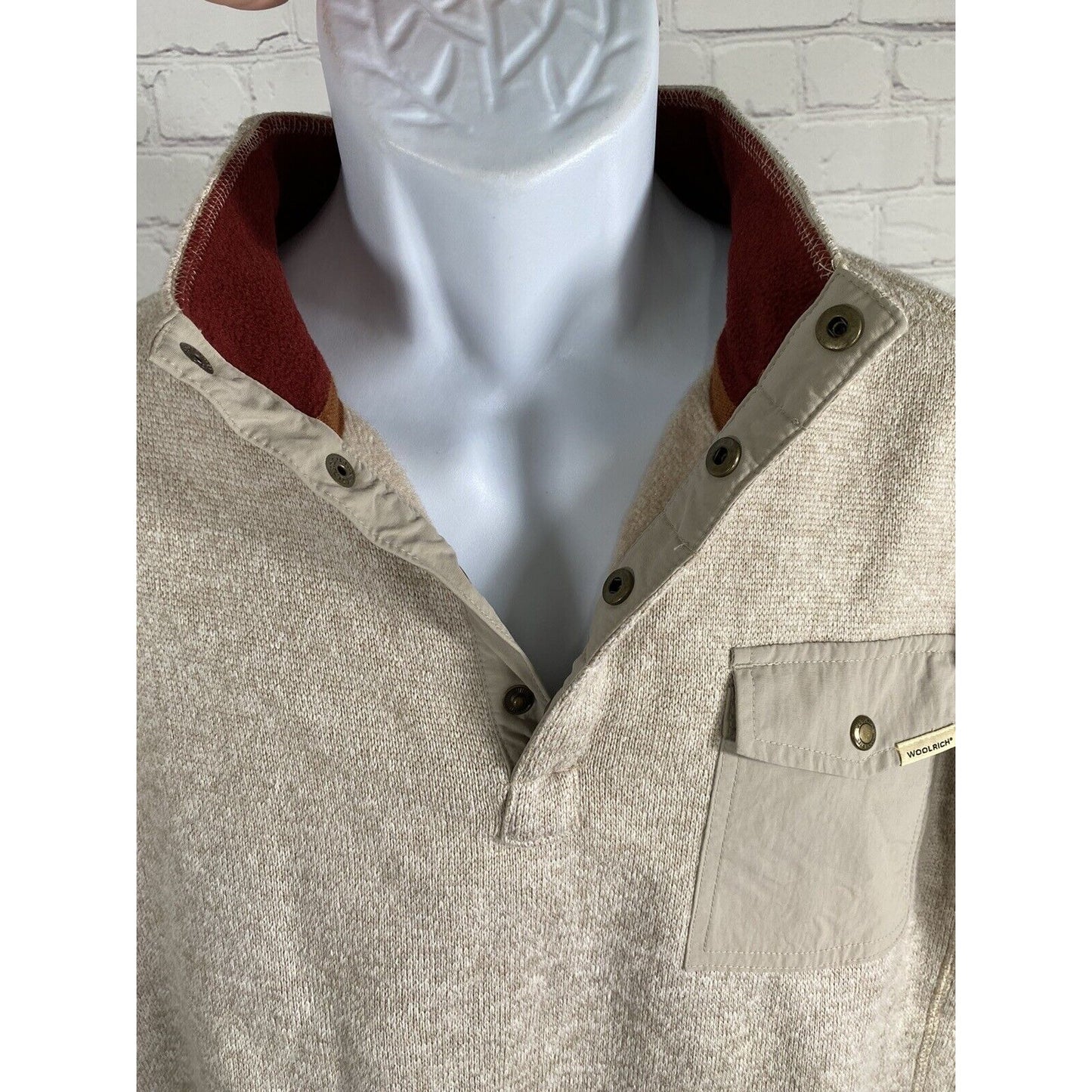 Woolrich Beige Snap Up Chest Pull Over Cable Knit Sweater Sweatshirt Men’s L