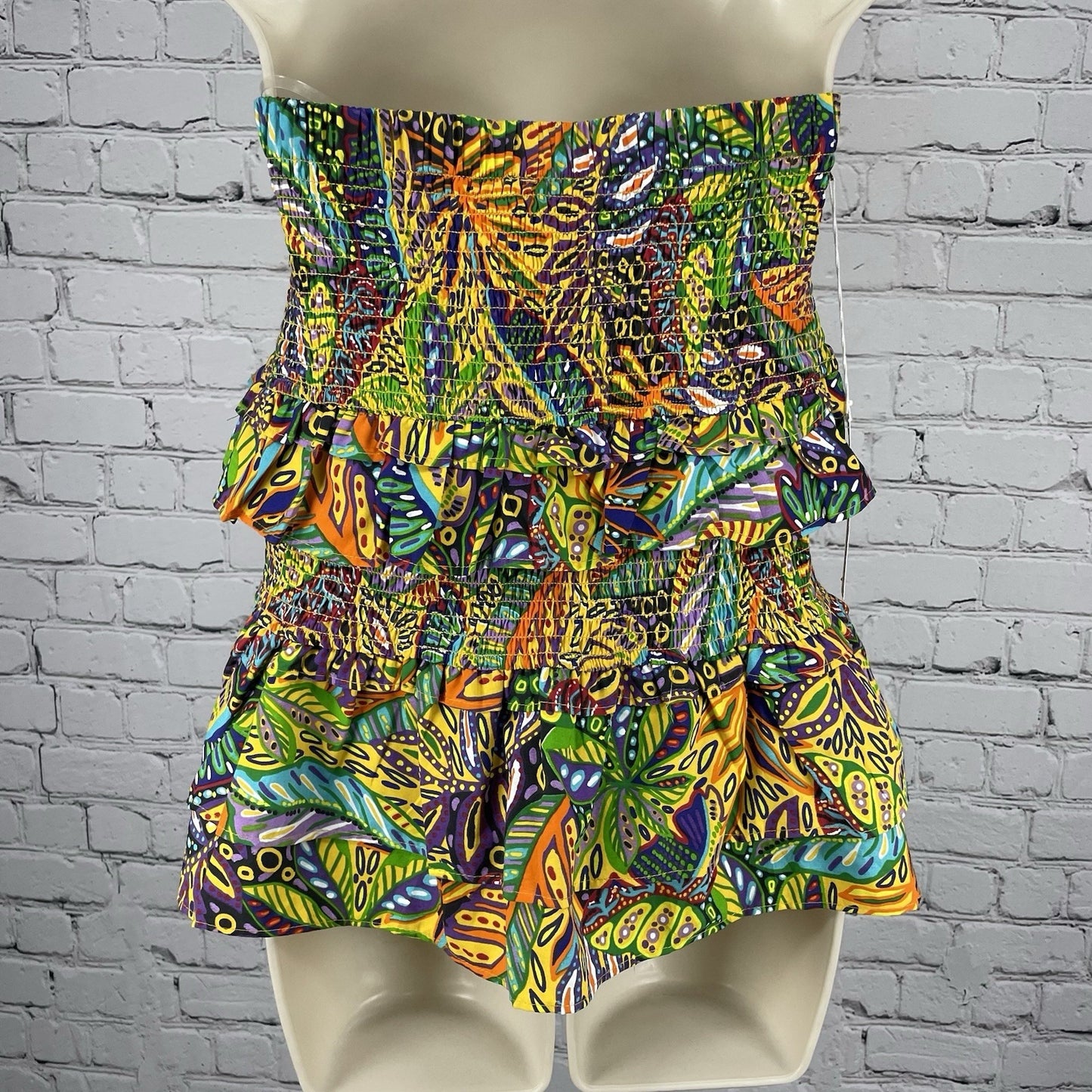 NWD Truly 4 You Colorful Leaf Print Smocked Ruffle Strapless Top Size Large L