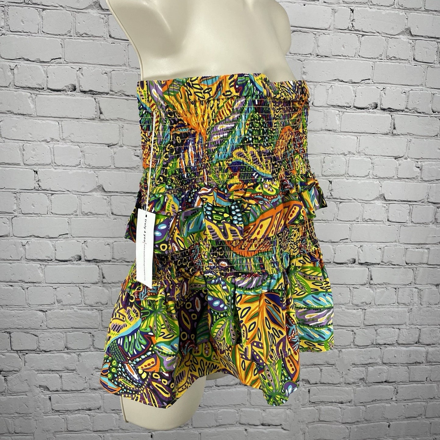 NWD Truly 4 You Colorful Leaf Print Smocked Ruffle Strapless Top Size Large L