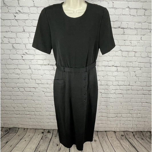 David Warren Black Linen Blend Buttoned Lined Zipped Sheath Midi Dress Size 10