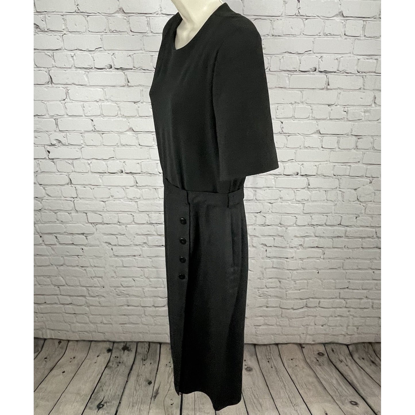 David Warren Black Linen Blend Buttoned Lined Zipped Sheath Midi Dress Size 10