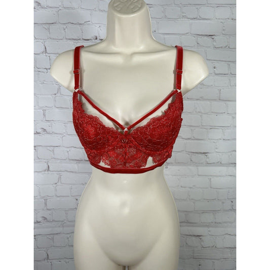 Lovehoney Lingerie Red Lace Velvet Strappy Front Back Close Underwire Bra L