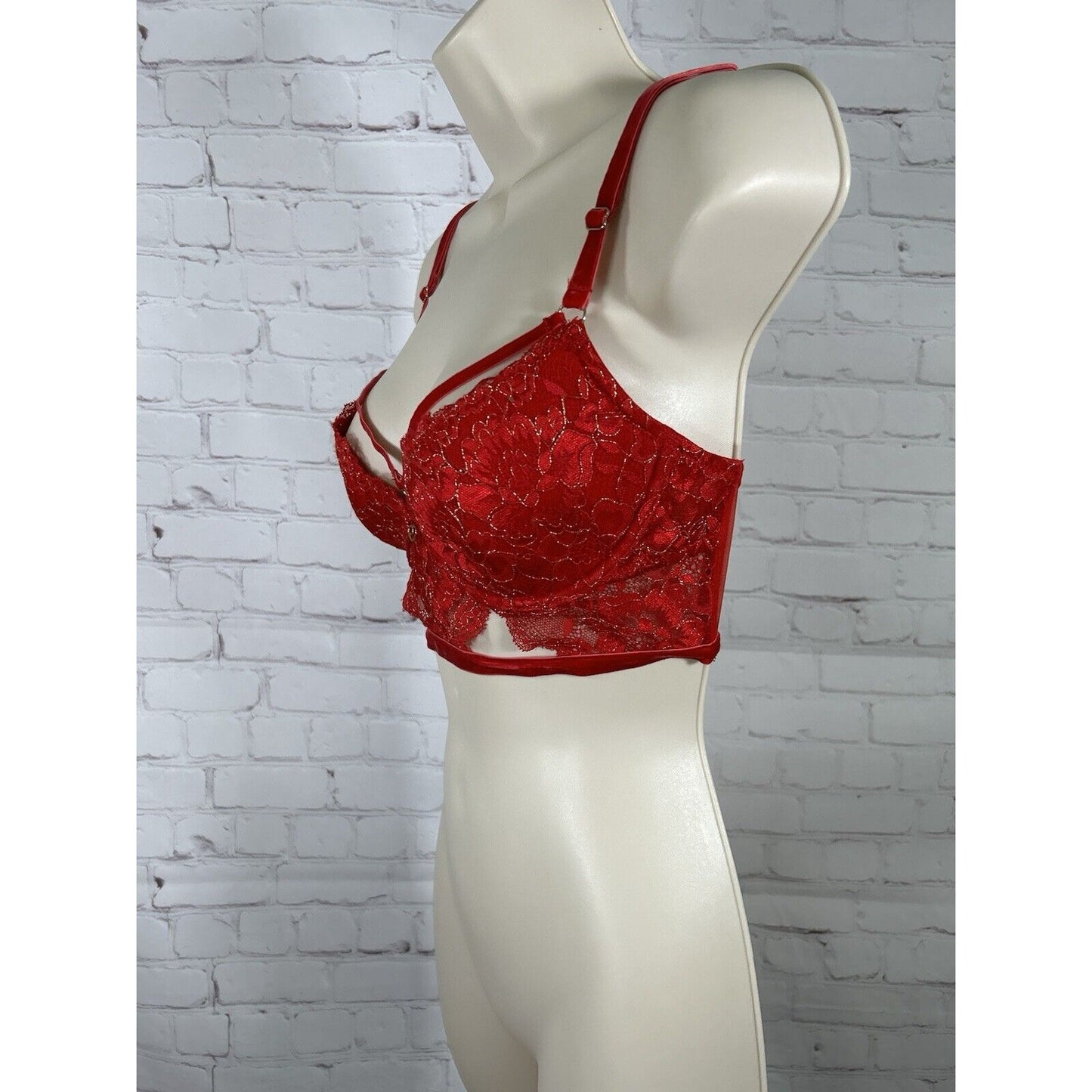 Lovehoney Lingerie Red Lace Velvet Strappy Front Back Close Underwire Bra L