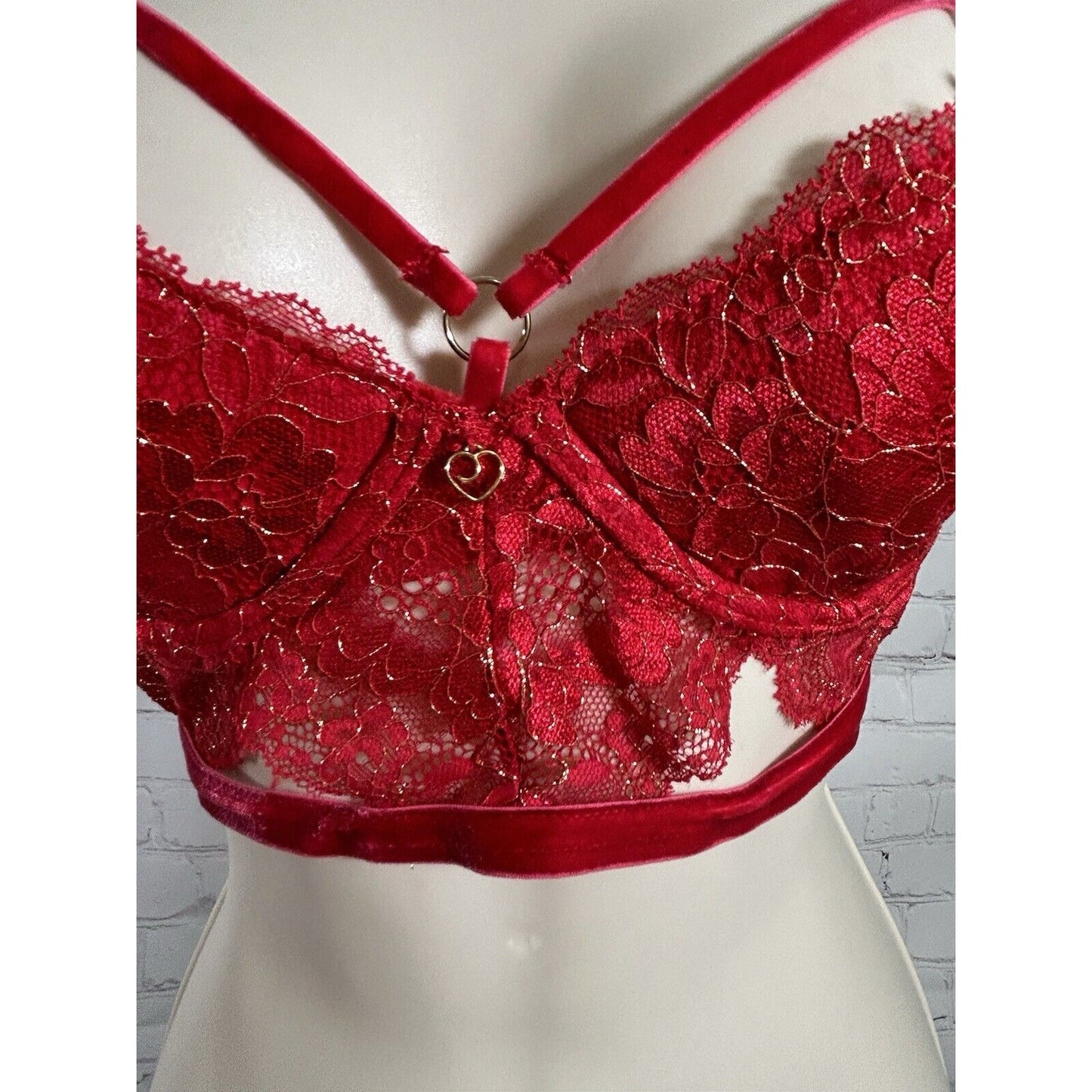 Lovehoney Lingerie Red Lace Velvet Strappy Front Back Close Underwire Bra L