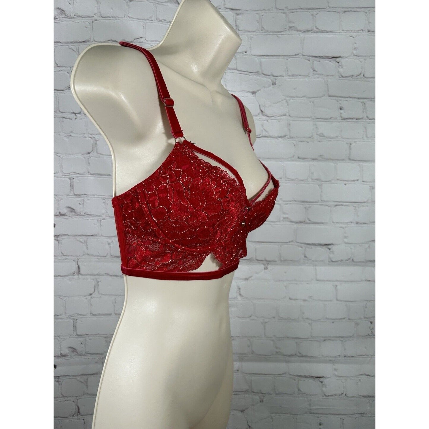 Lovehoney Lingerie Red Lace Velvet Strappy Front Back Close Underwire Bra L
