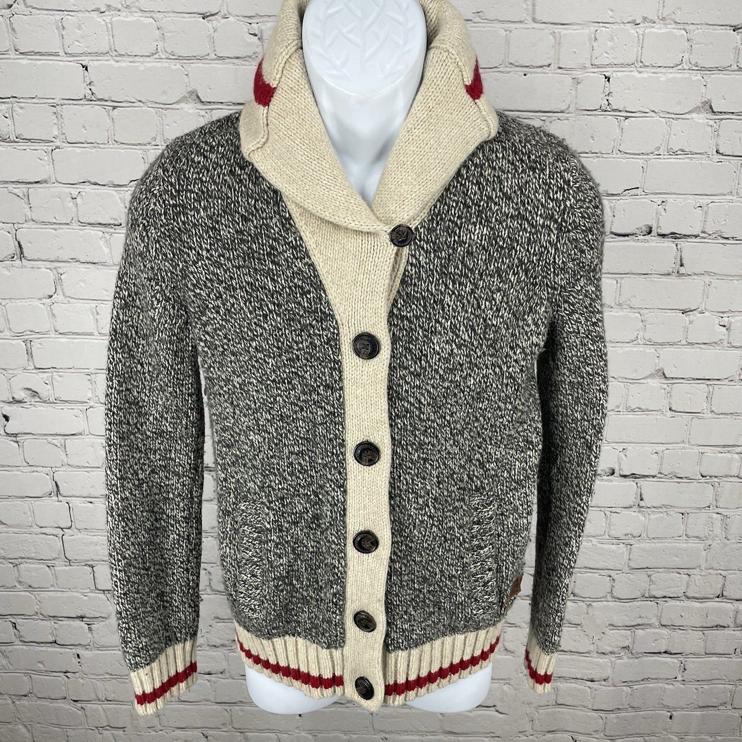 Roots Cabin Grey & Beige Heritage Shawl Cabin Buttoned Cardigan Size Medium M