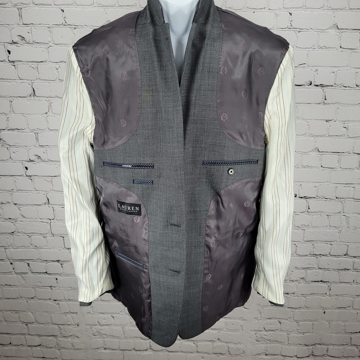 Lauren Ralph Lauren Grey 100% Wool Stretch 2 Button Blazer Sport Coat Size 40L