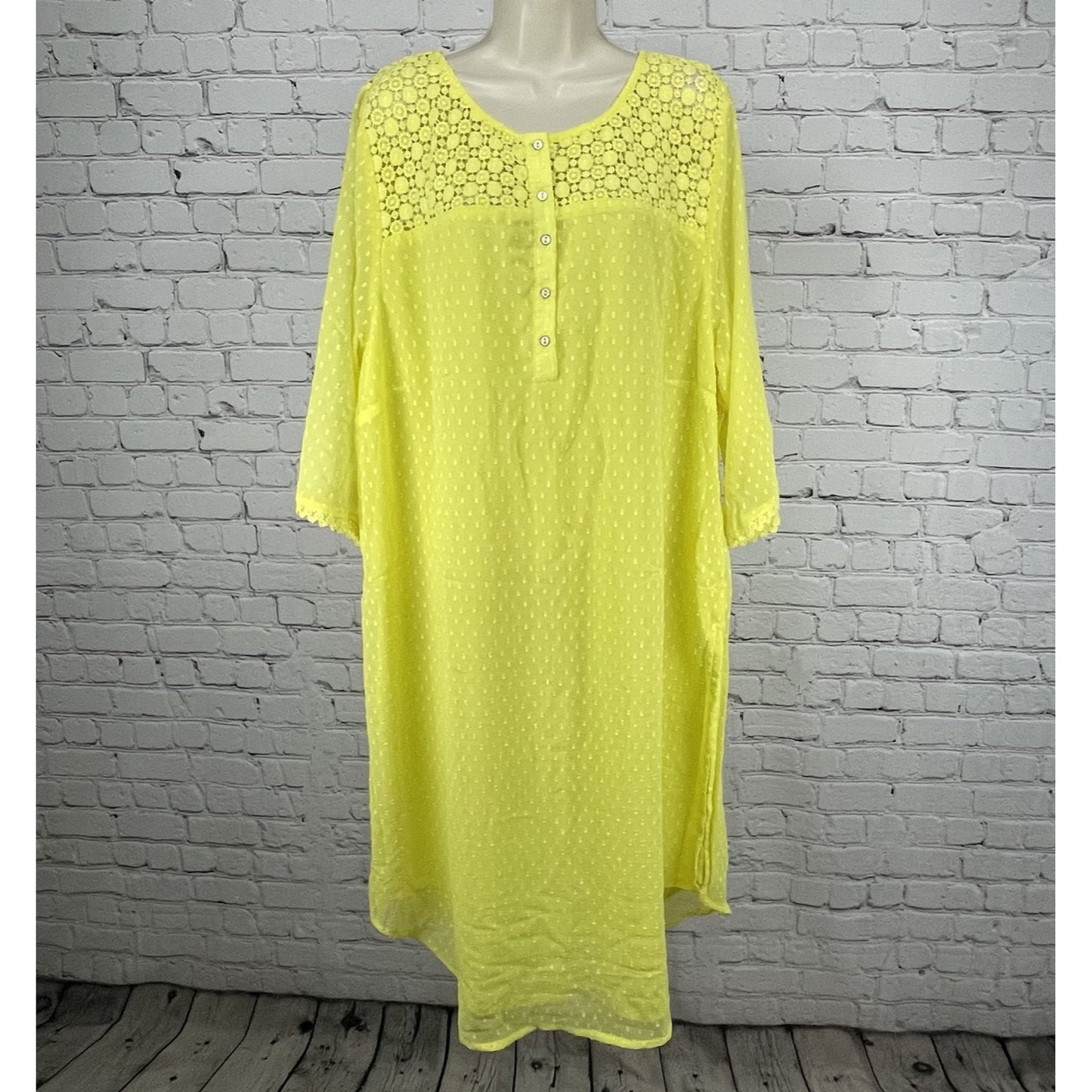 NWT Mustard Yellow Crochet Lightweight Kurti 3/4 Sleeve Lined Dress Size 7 US 24