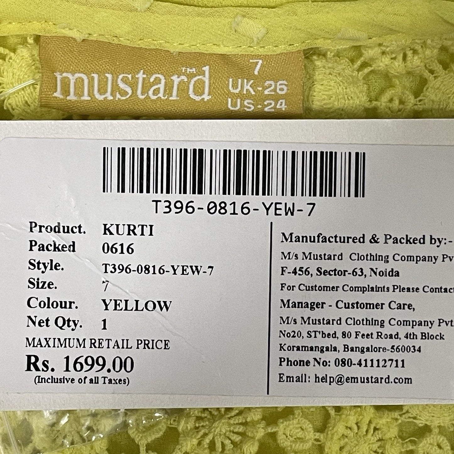 NWT Mustard Yellow Crochet Lightweight Kurti 3/4 Sleeve Lined Dress Size 7 US 24
