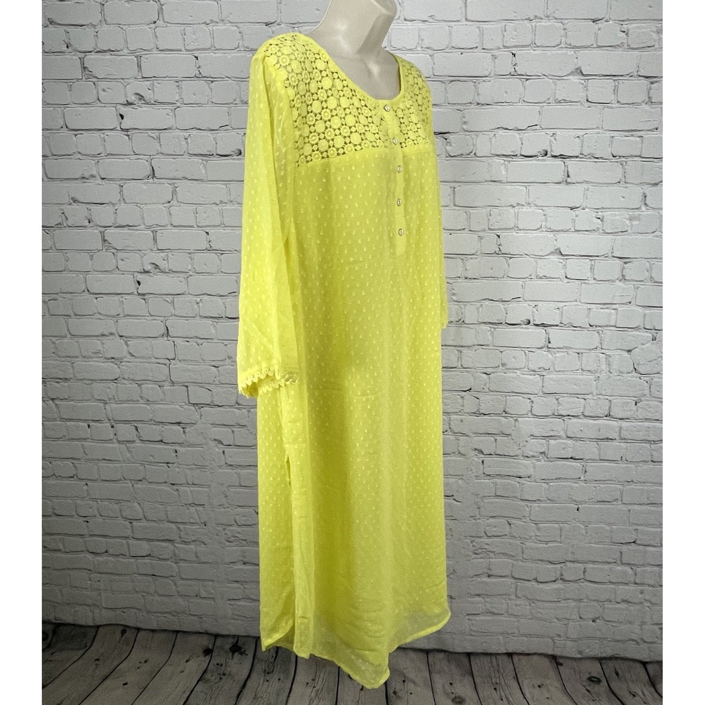 NWT Mustard Yellow Crochet Lightweight Kurti 3/4 Sleeve Lined Dress Size 7 US 24