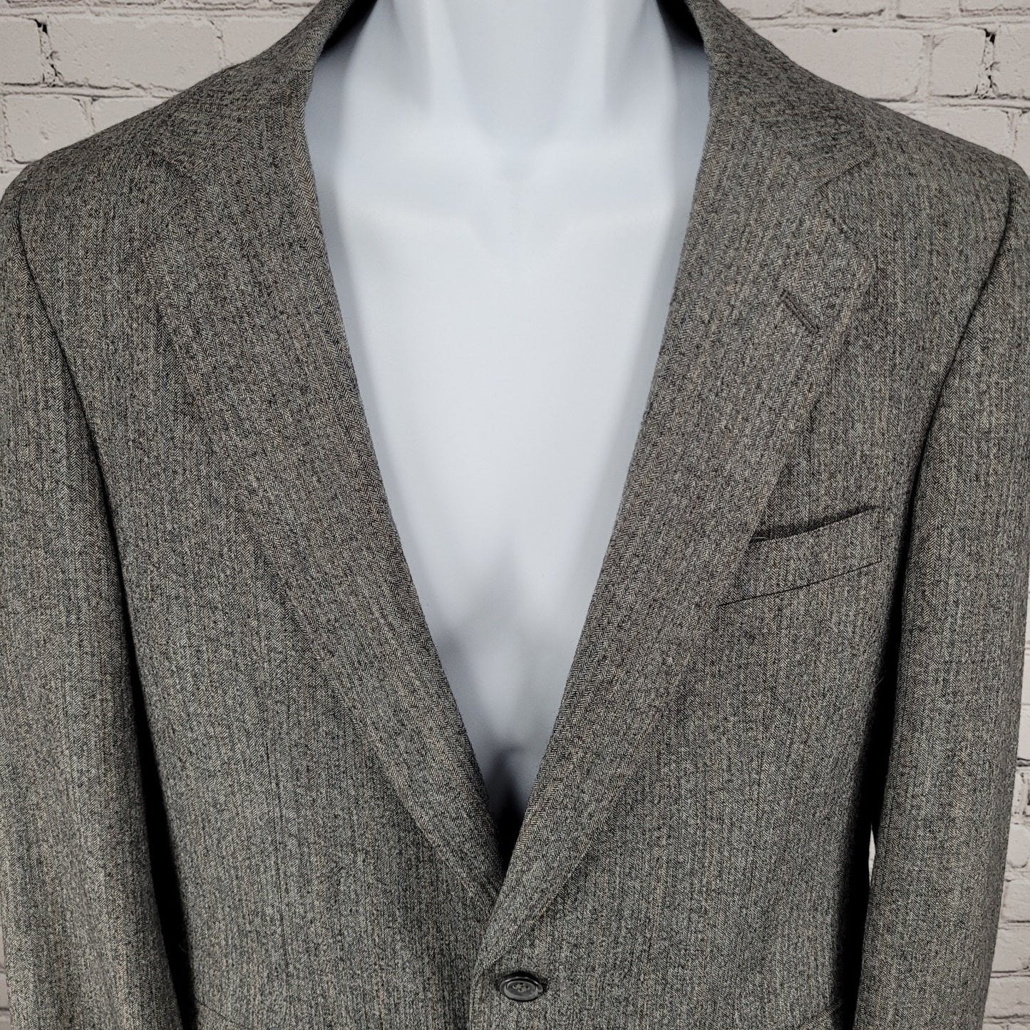 John Brooks Grey Herringbone Full Suit Set Notch Blazer Size 36 Pants 27x33