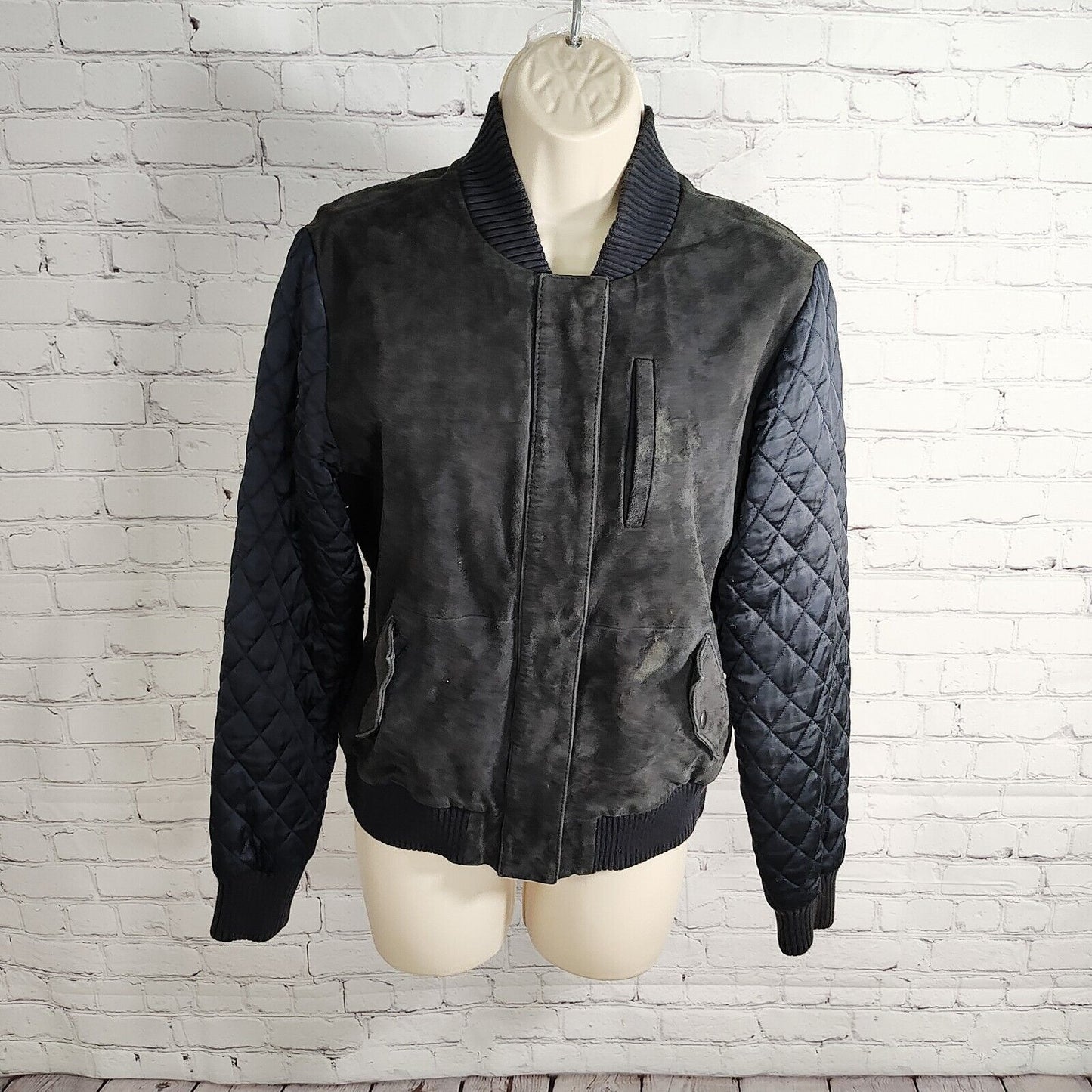 Michael Stars Black 100% Goat Suede Navy Quilt Sleeve Women's Bomber Jacket S